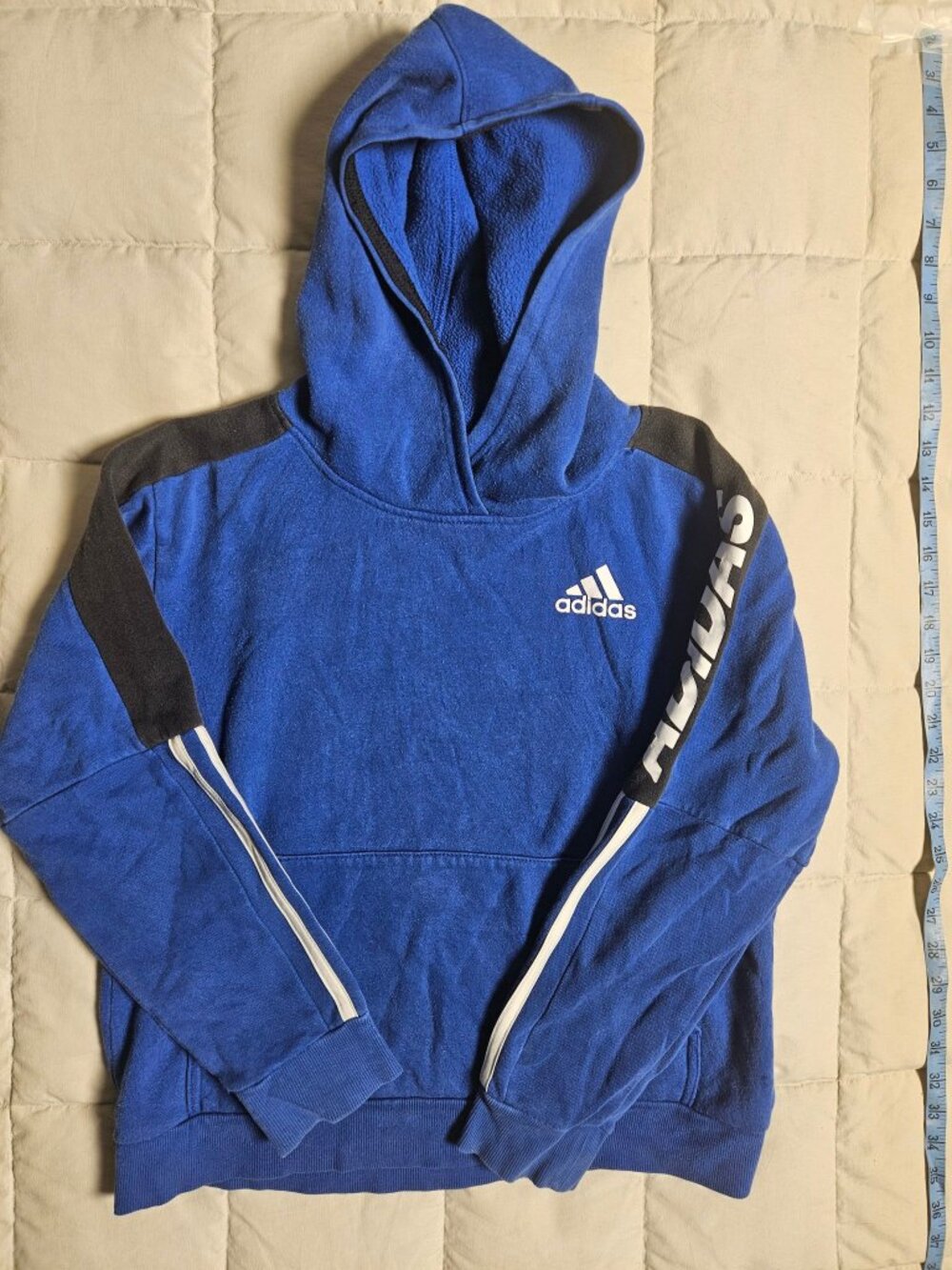 Adidas Youth Hoodie Size M (10/12) Blue Black Pullover White Stripes Sleeve Logo